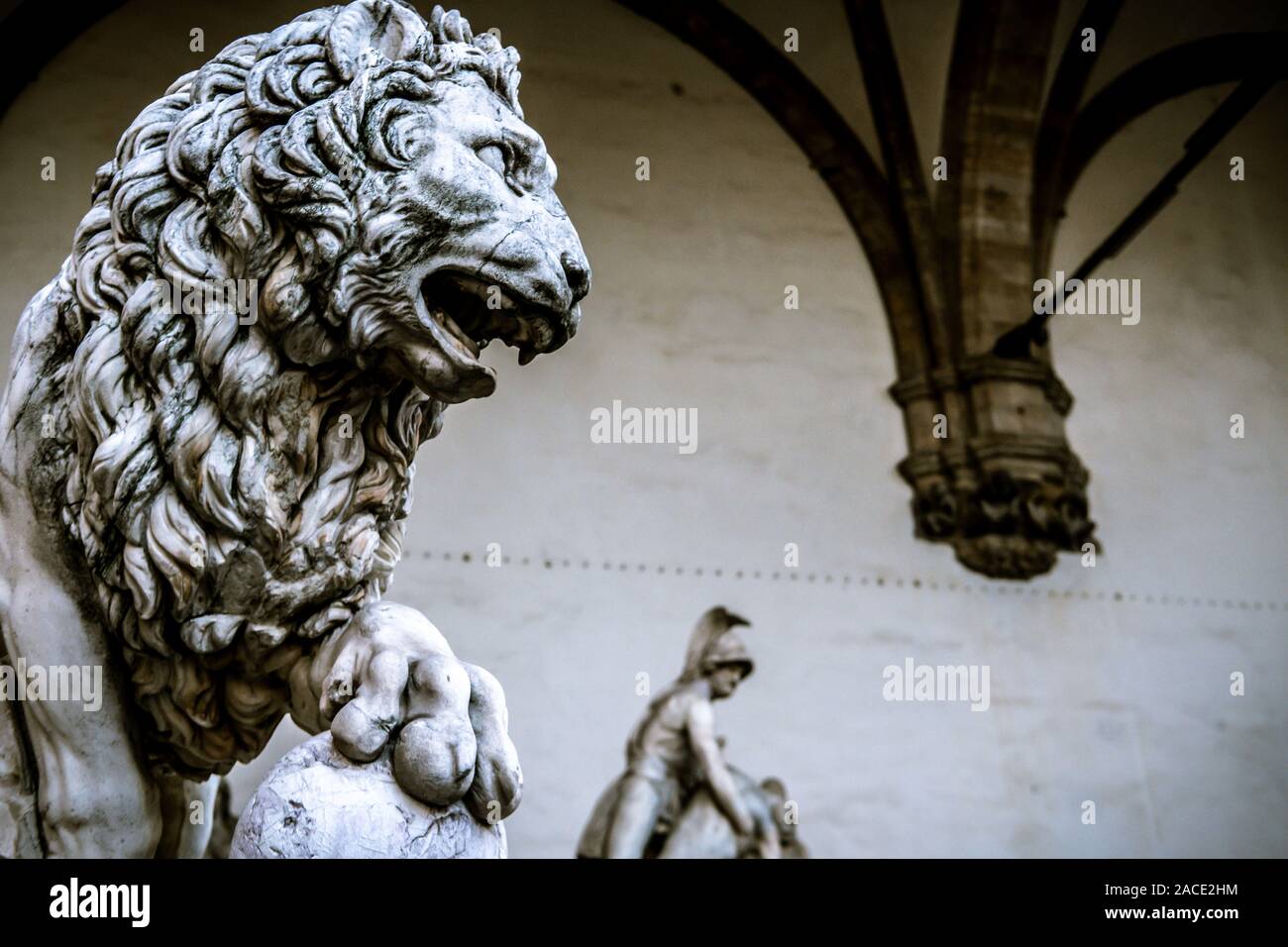 Lion à Loggia dei Lanzi, Piazza della Signoria, Florence, Italie Banque D'Images