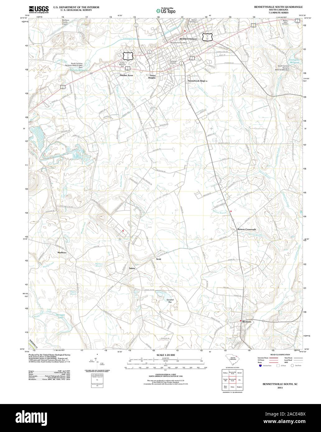 Carte TOPO USGS Caroline du Sud SC Sud Bennettsville 20110823 Restauration TM Banque D'Images