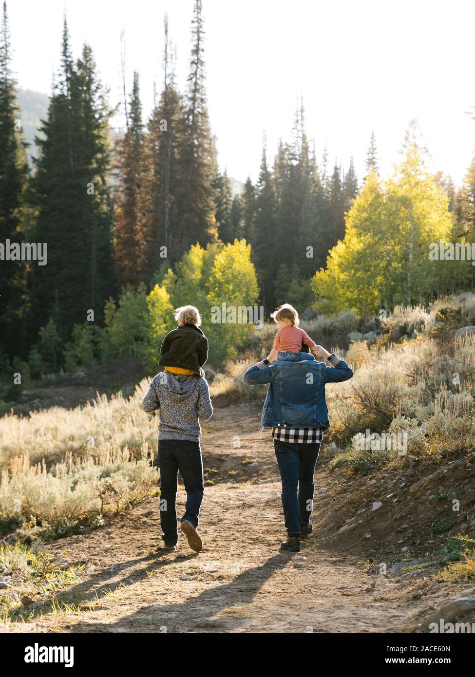 Deux pères piggysoutenant des filles pendant la randonnée Banque D'Images