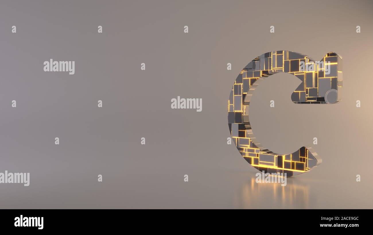 Le rendu 3D techno métal géométrique rectangulaire greeble symbole de refaire l'icône flèche de cercle de réflexion floue avec les lignes de marbre sur bac de lumière Banque D'Images