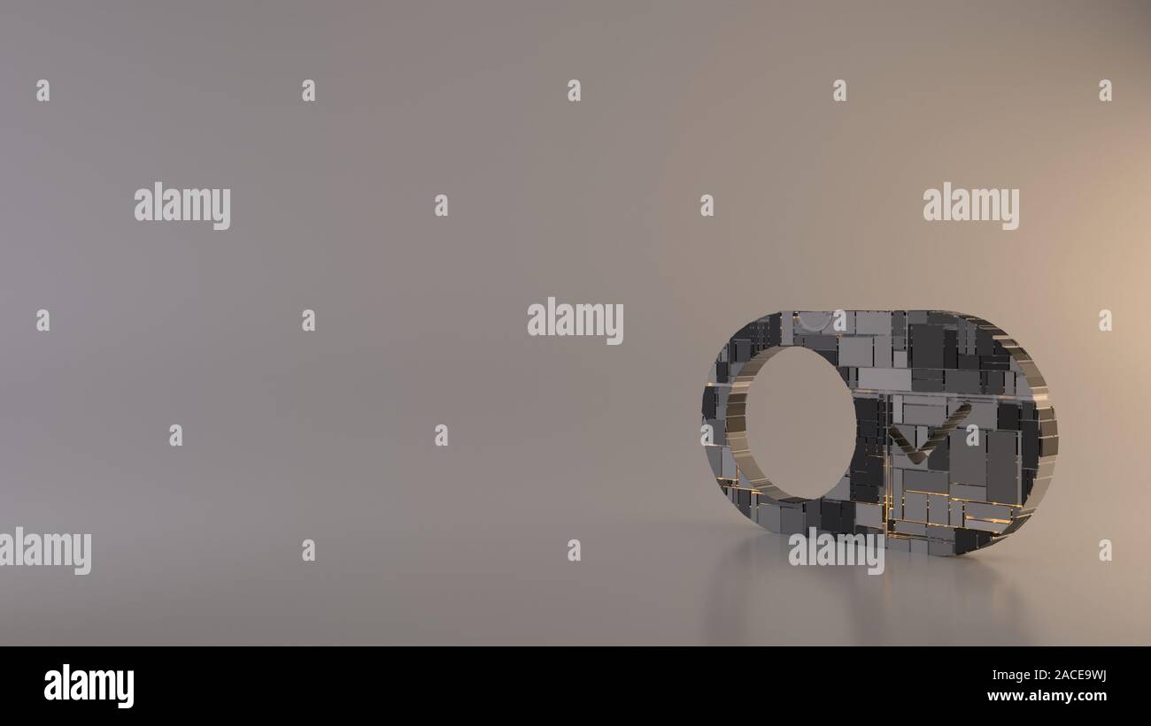 Le rendu 3D techno métal géométrique rectangulaire greeble symbole de bouton de l'interrupteur à l'icône de validation de lignes avec réflexion floue marbre Banque D'Images