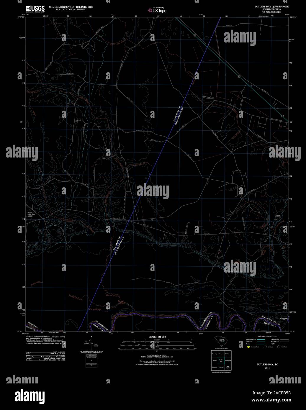 Carte TOPO USGS Caroline du Sud SC Butlers Bay 20110808 TM Restauration inversé Banque D'Images