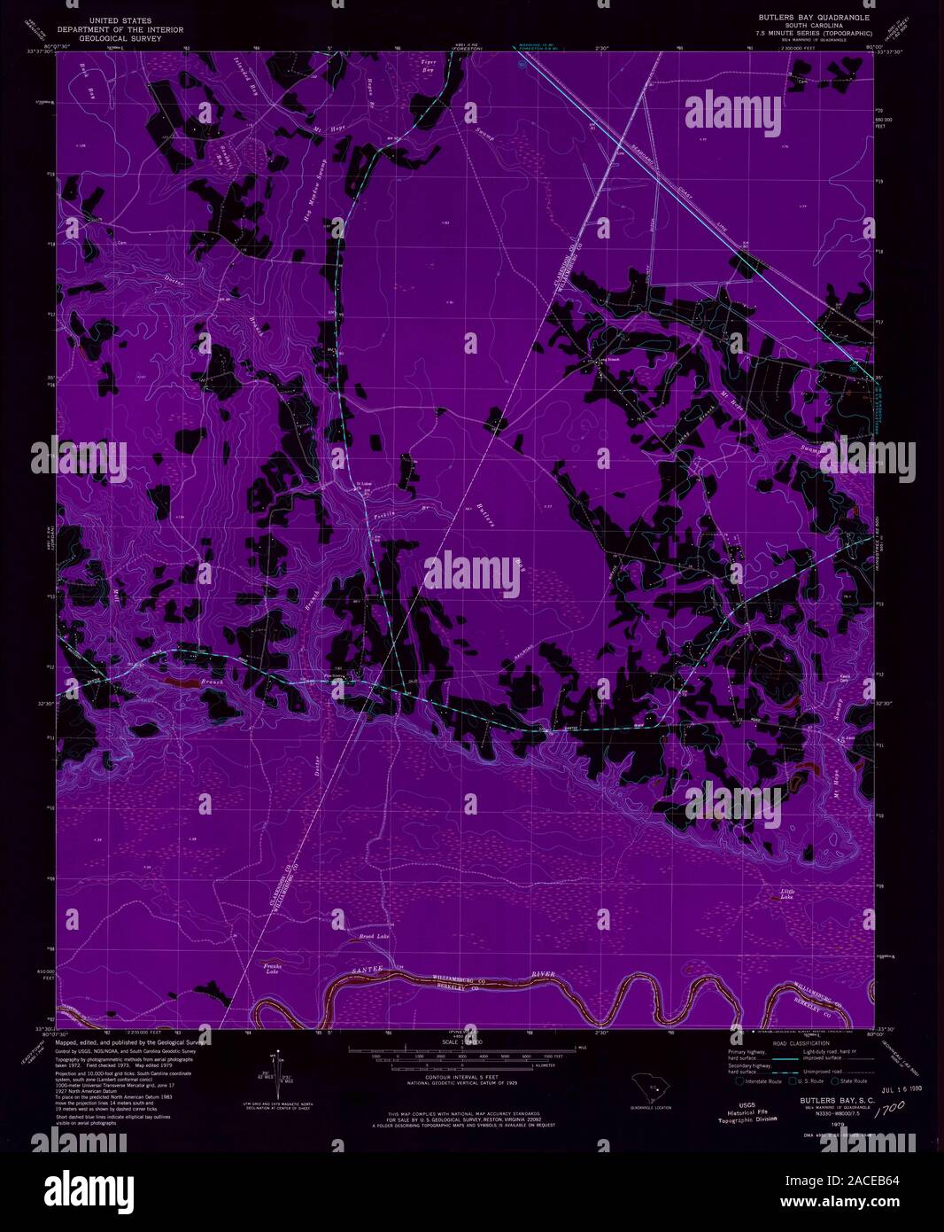 Carte TOPO USGS Caroline du Sud SC Butlers Bay 260803 1979 24000 Restauration inversé Banque D'Images