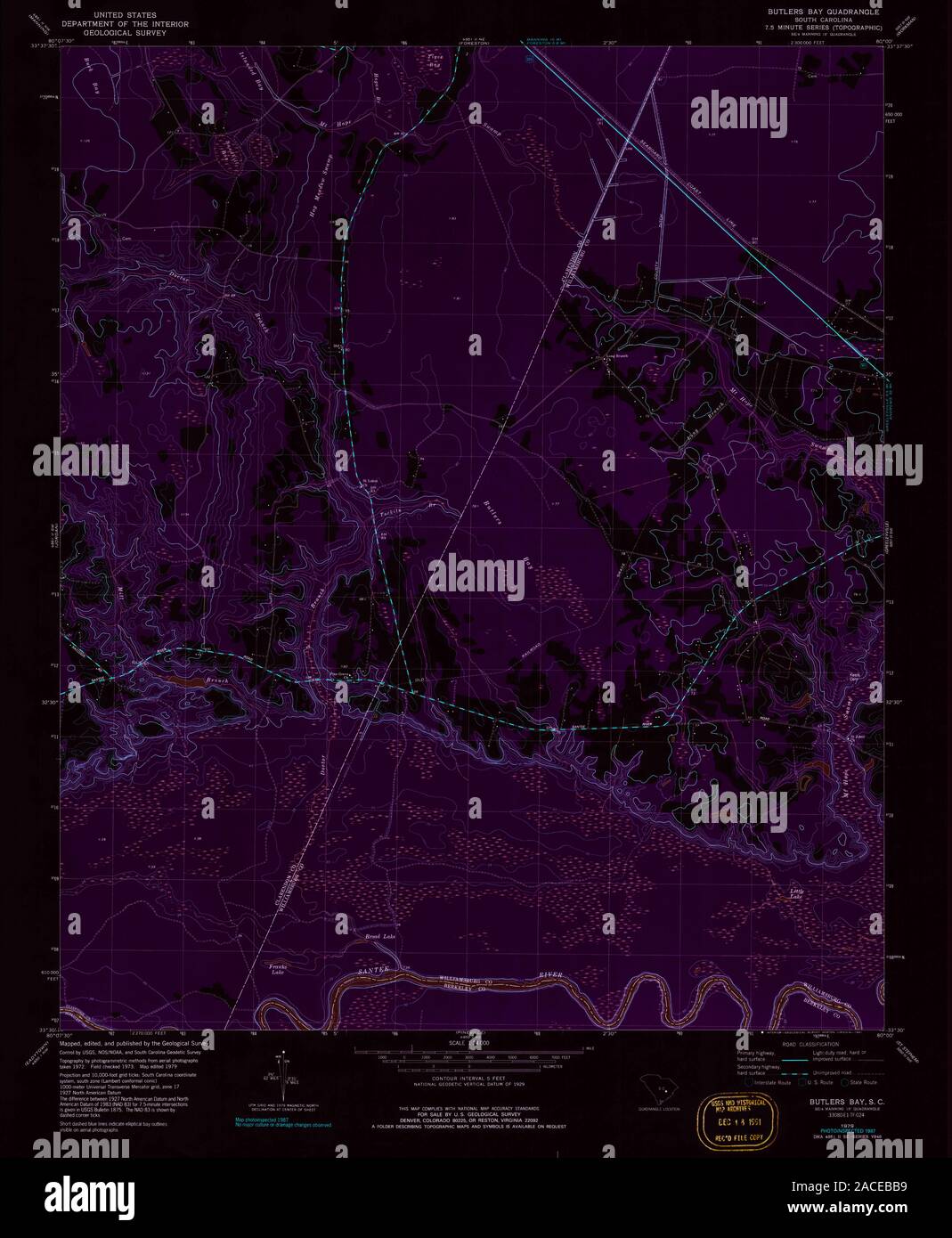 Carte TOPO USGS Caroline du Sud SC Butlers Bay 260804 1979 24000 Restauration inversé Banque D'Images