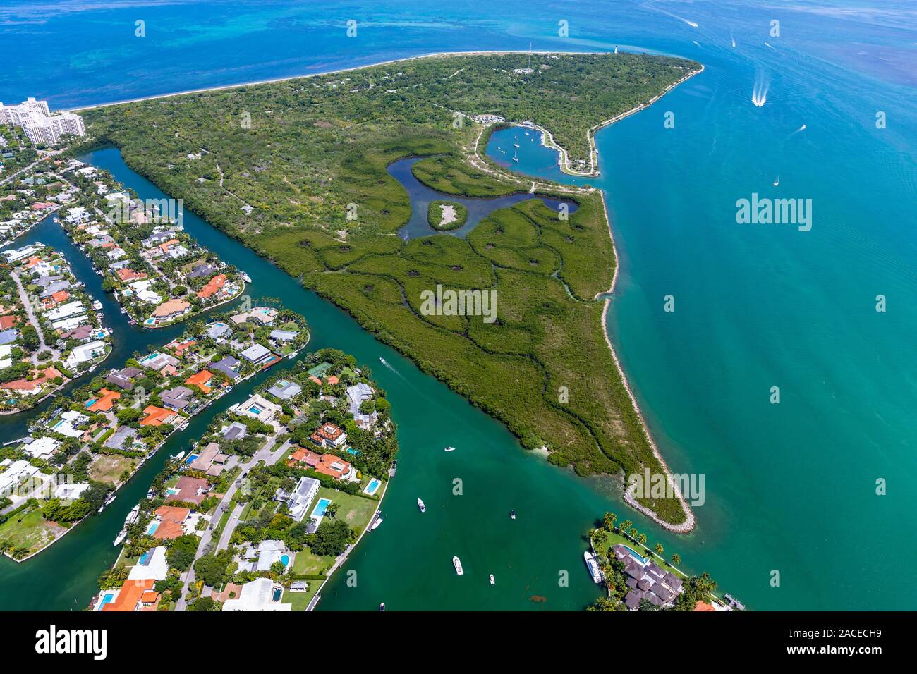 Vue aérienne de la péninsule à Key Biscayne, Floride, États-Unis Banque D'Images