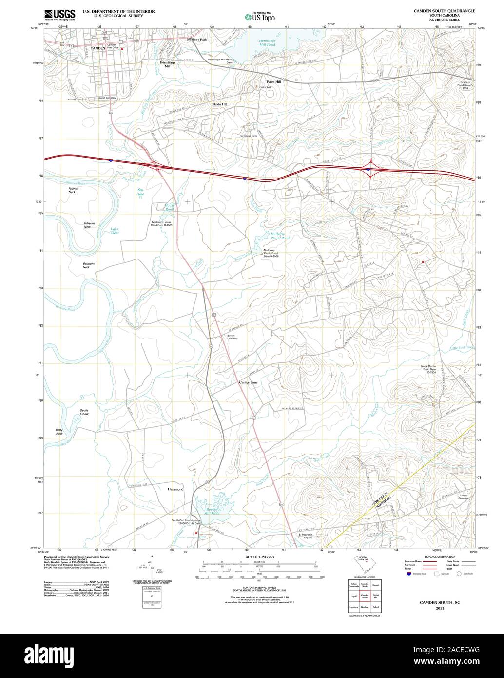 Carte TOPO USGS Caroline du Sud SC Camden South 20110818 Restauration TM Banque D'Images