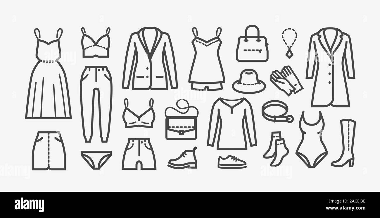 Icon Set vêtements en style linéaire. Shopping, fashion illustration vectorielle Illustration de Vecteur