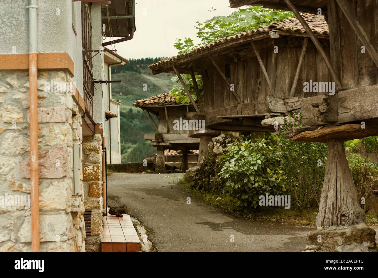 Instant street de ville rurale en Espagne, la construction en bois d'horreos. Banque D'Images