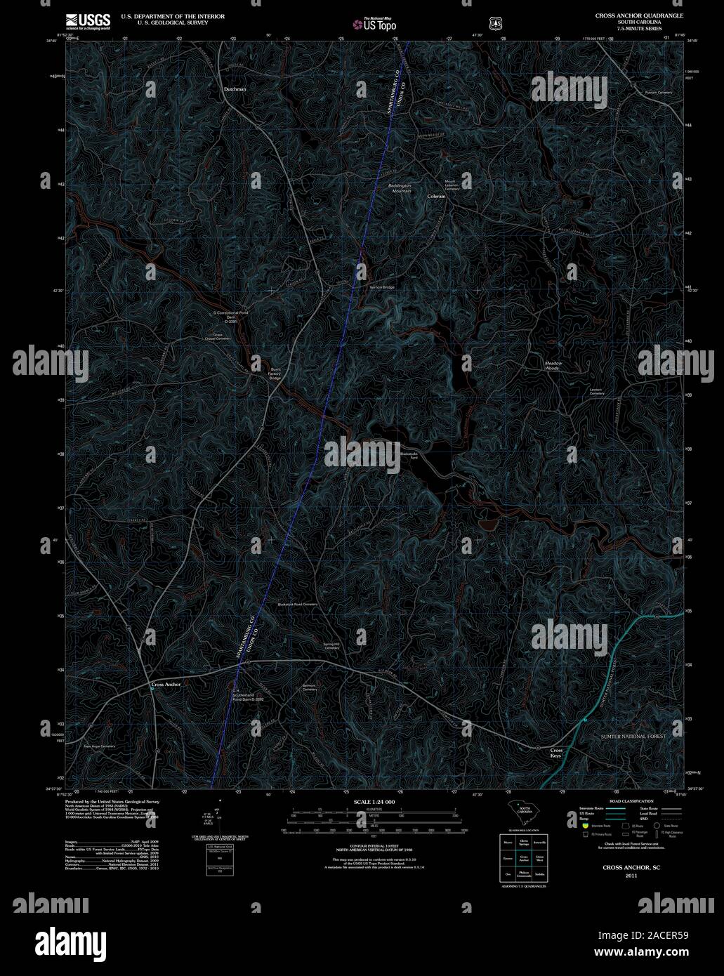 Carte TOPO USGS Caroline du Sud SC Cross Anchor 20110818 TM Restauration inversé Banque D'Images