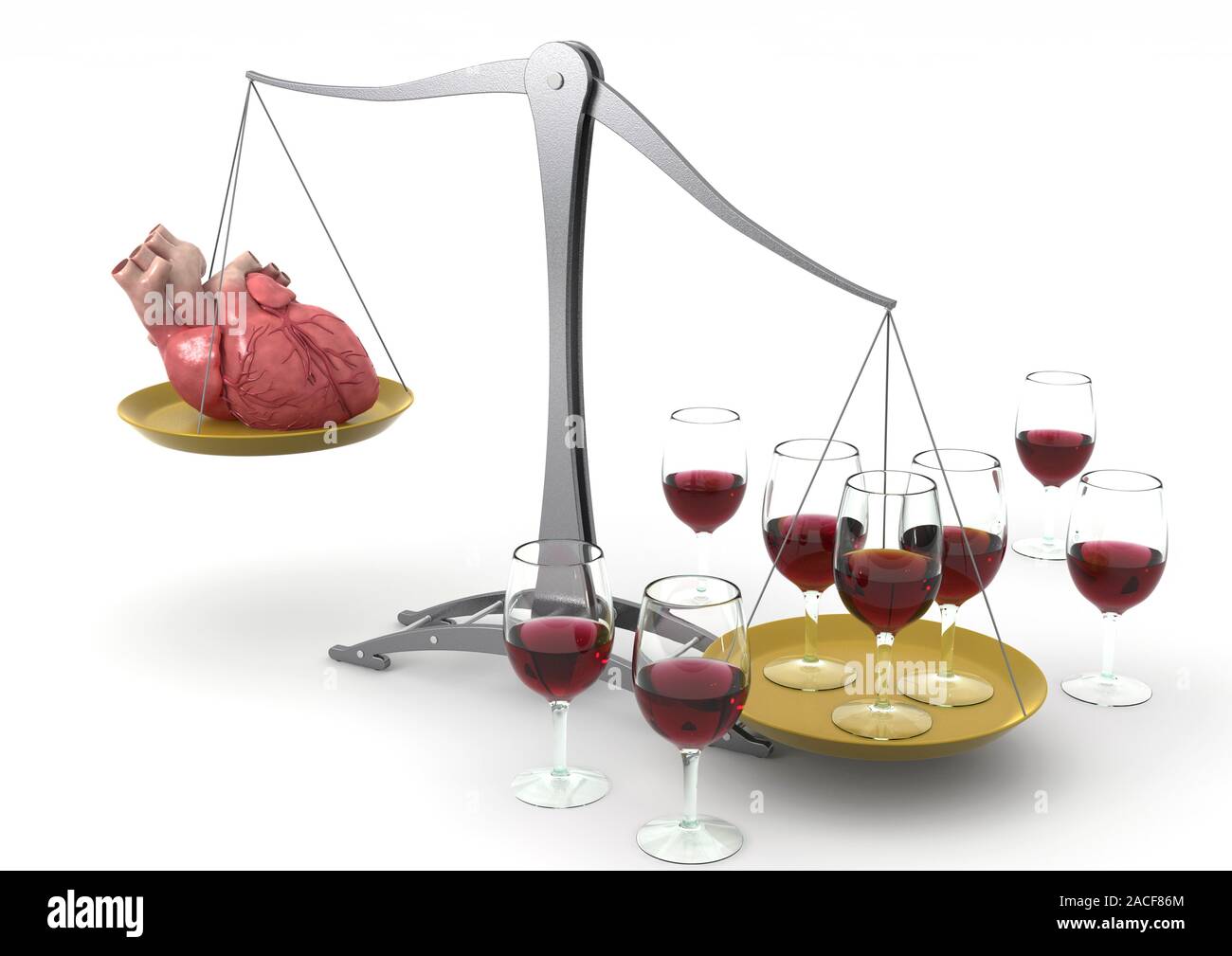 Le vin rouge et la maladie cardiaque, conceptuel de l'oeuvre de  l'ordinateur. Verres à vin rouge (droite) et un coeur d'homme (à gauche)  sur un ensemble d'échelles d'équilibrage. Cette représentation Photo Stock -