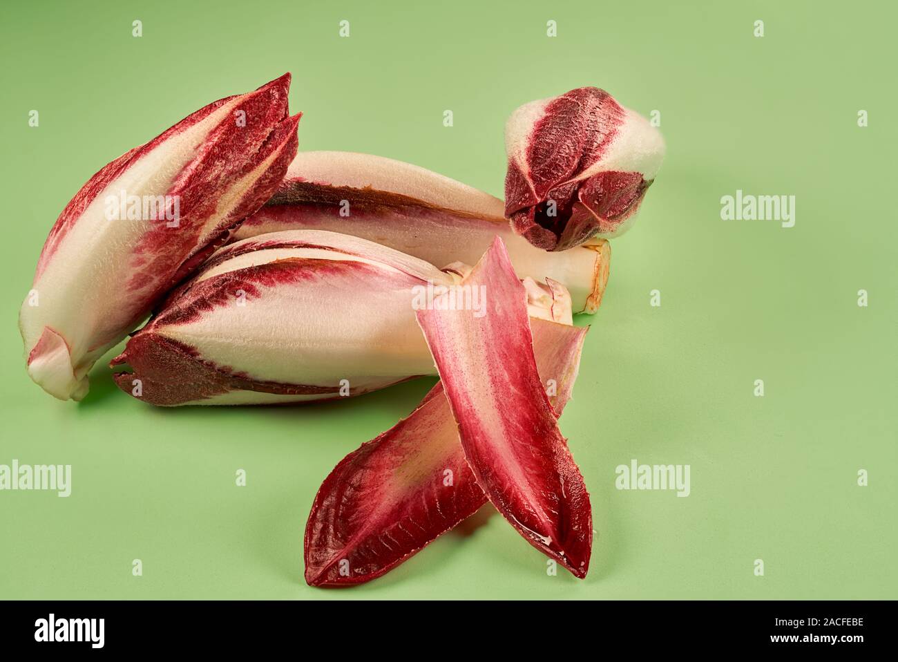 Endives rouge belge witloof ou isolé sur fond vert Banque D'Images