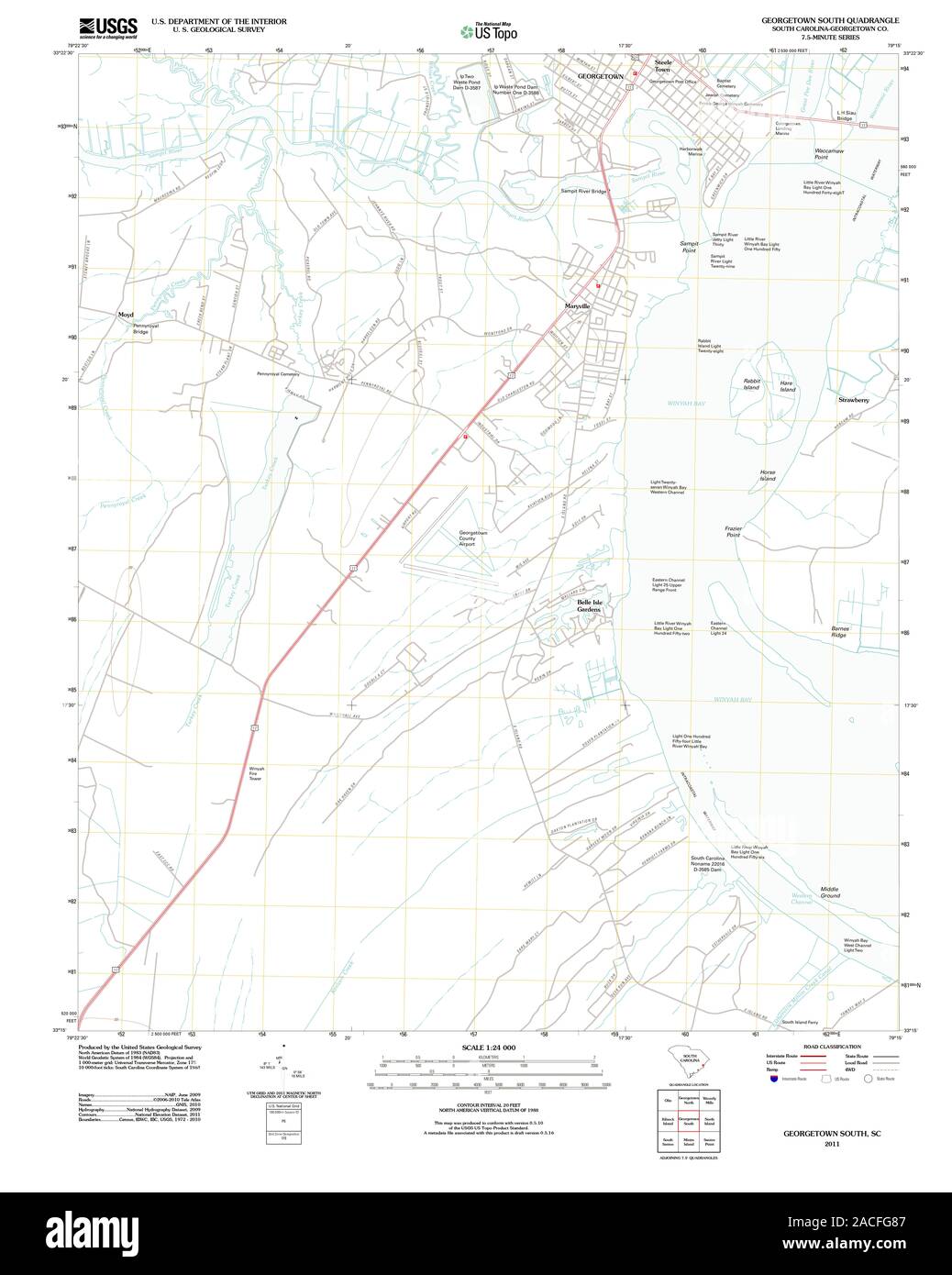 Carte TOPO USGS Caroline du Sud SC Georgetown Sud 20110817 Restauration TM Banque D'Images