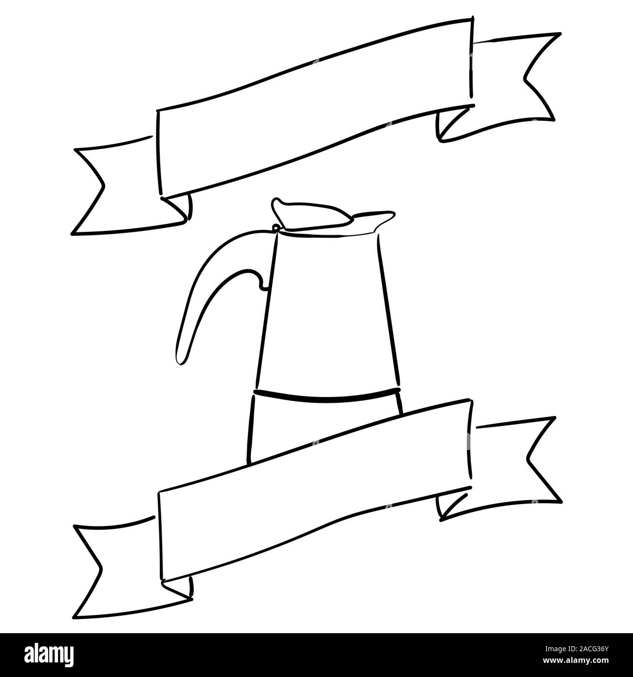 Geyser italienne cafetière avec un ruban décoratif. Place pour le texte. Vector illustration dessinée à la main. Illustration de Vecteur
