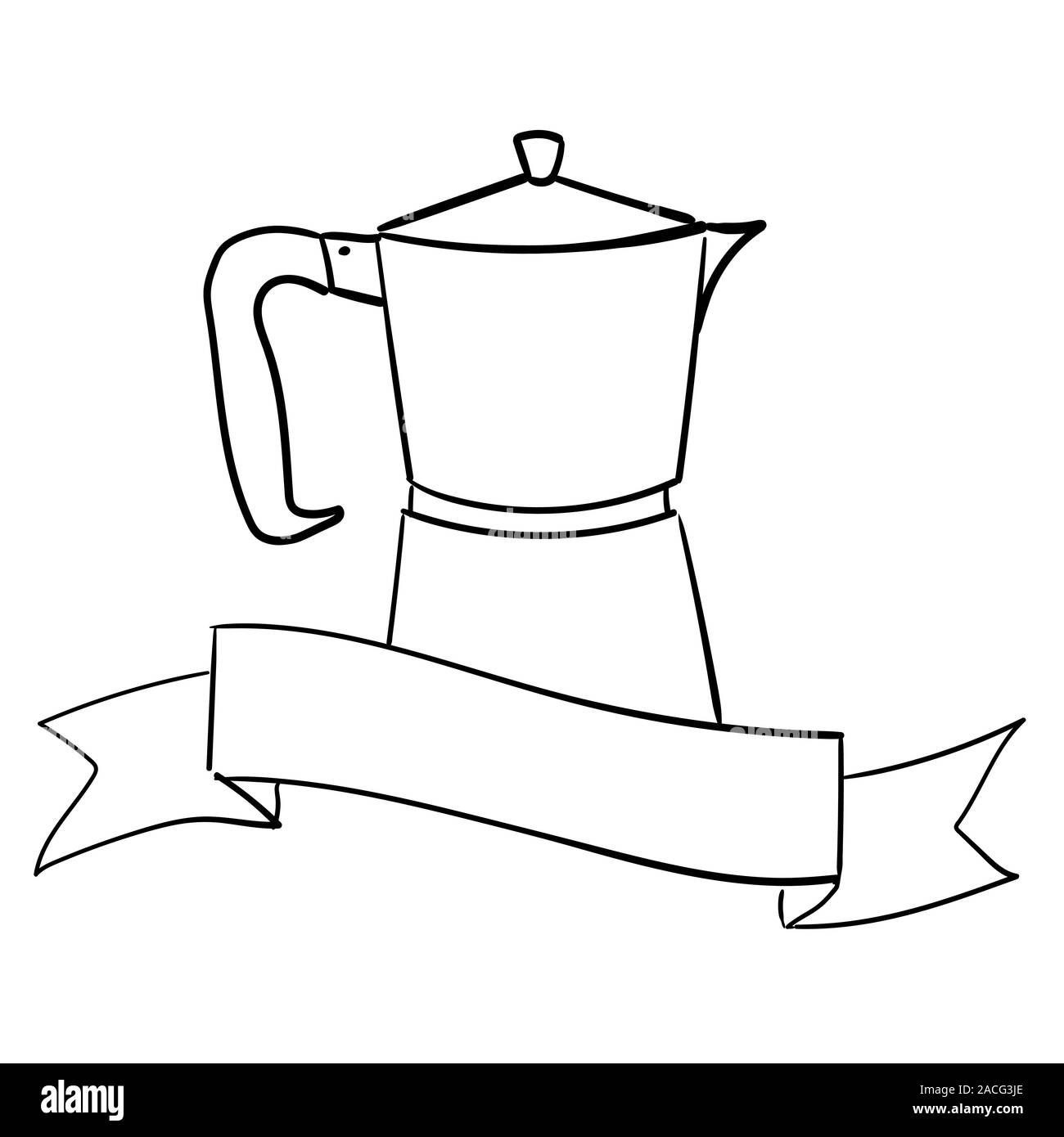 Geyser italienne cafetière avec un ruban décoratif. Place pour le texte. Vector illustration dessinée à la main. Illustration de Vecteur