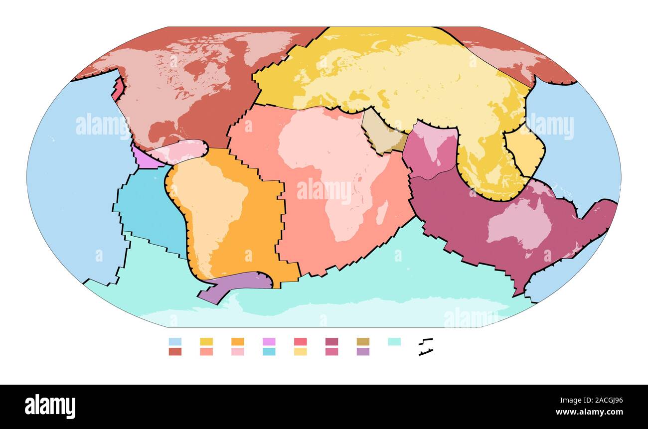 Monde plaques tectoniques. Carte mondiale de la quinzaine de plaques