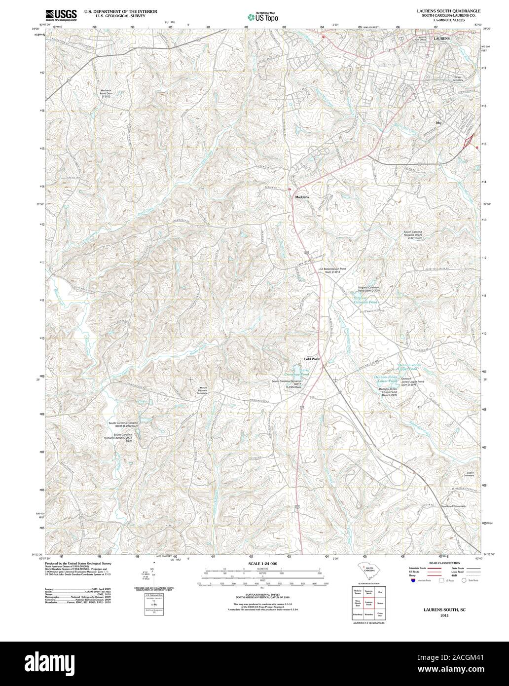 Carte TOPO USGS Caroline du Sud SC Laurens Sud 20110819 Restauration TM Banque D'Images