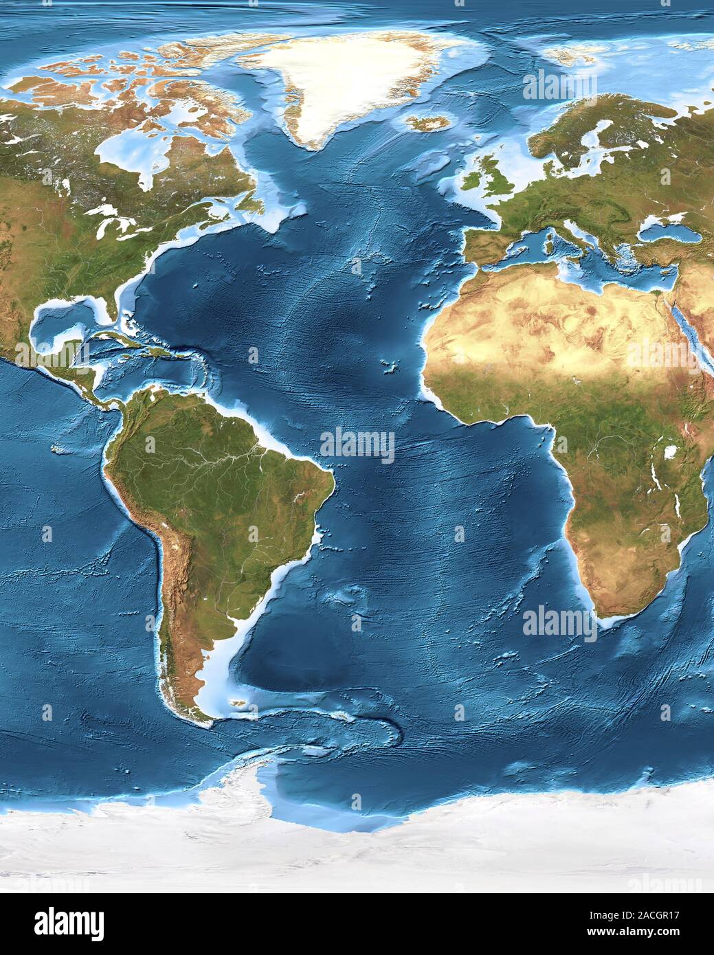 La topographie du fond marin de l'océan Atlantique, image satellite. Cette carte combine et sans nuage images satellite sur terre avec des mesures de profondeur de l'océan (ba Banque D'Images