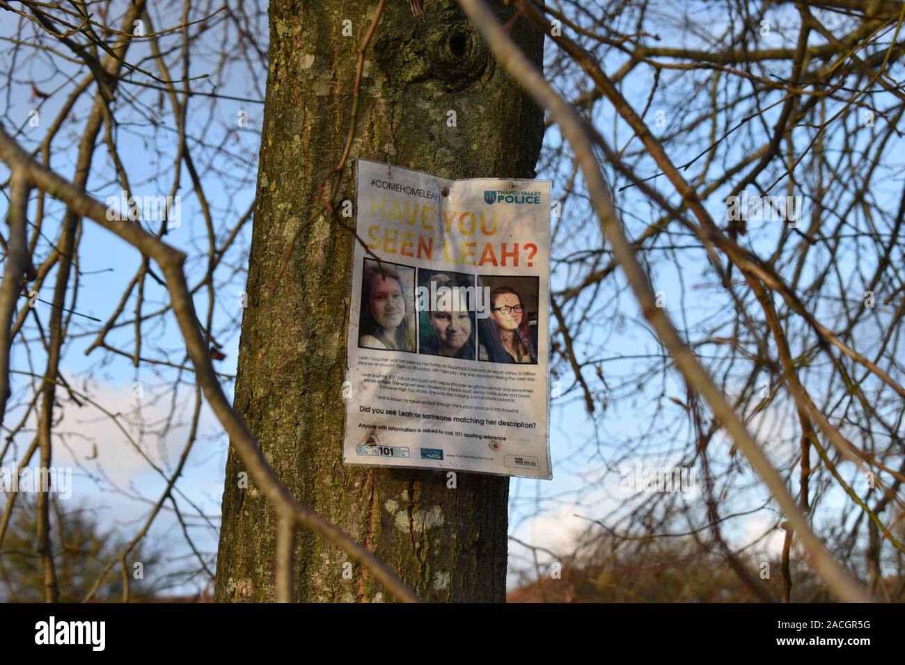 Appel de l'affiche pour plus d'informations sur Leah Croucher de Milton Keynes, qui a disparu en février 2019, âgé de 19 ans. Banque D'Images