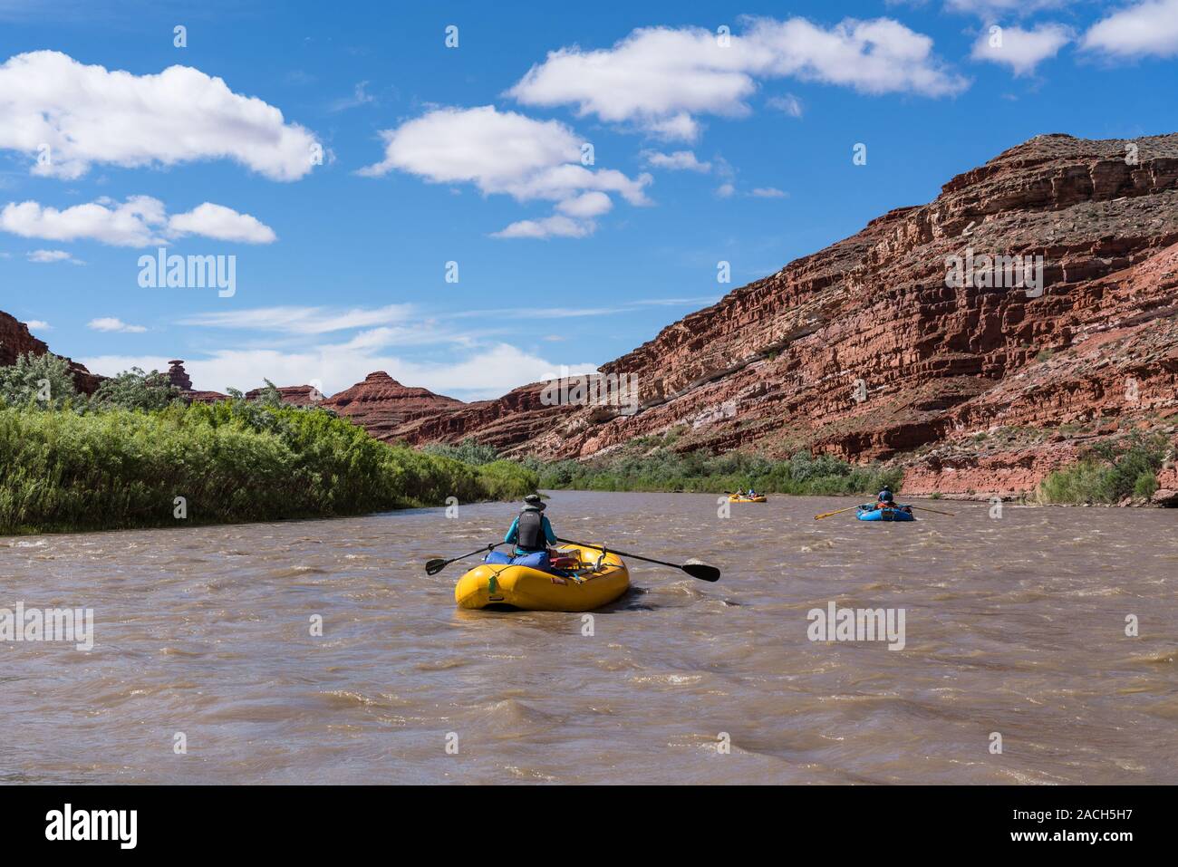 Une famille voyage de rafting dans le canyon de la Rivière San Juan, dans le sud-est de l'Utah, USA. Dans l'arrière-plan est Mexican Hat Rock. Banque D'Images