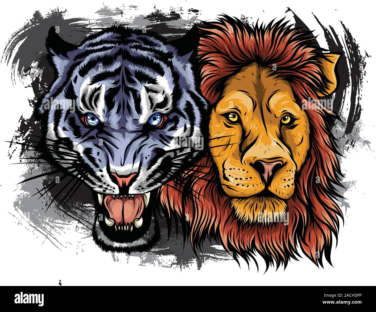 Lion et Tigre grogne en face de l'autre, ouvrez une bouche aigri, canines, hand drawn doodle, sketch dans un style pop art, vector illustration Illustration de Vecteur