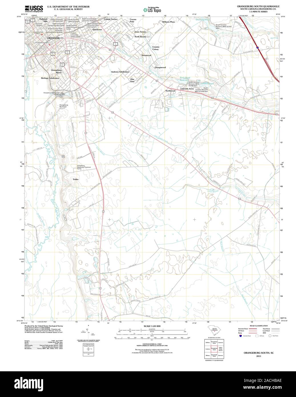 Carte TOPO USGS Caroline du Sud SC Orangeburg South 20110808 Restauration TM Banque D'Images