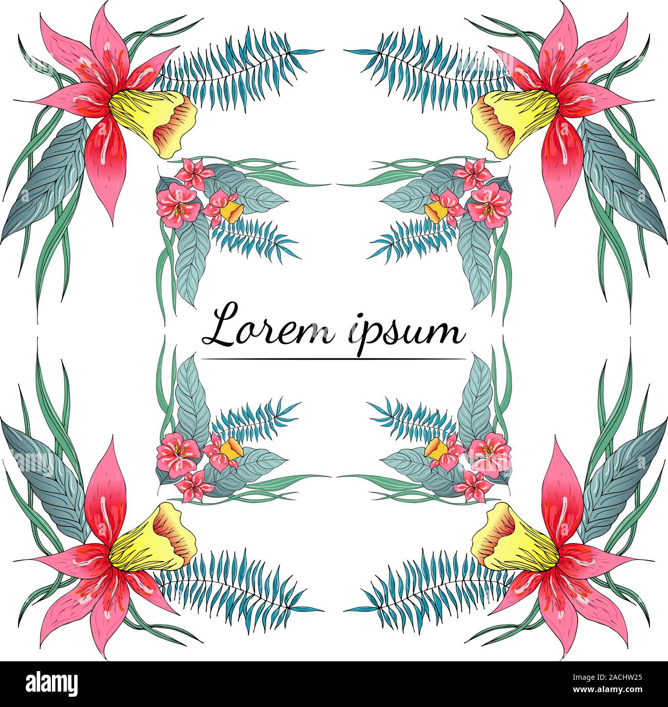 Ensemble de Tropical orchid dessinés à la main, images floral. Illustration du feuillage de la jungle. Jeu Floral. Dessin à la main. Vector collection, isolé. Nous printemps naturel Illustration de Vecteur