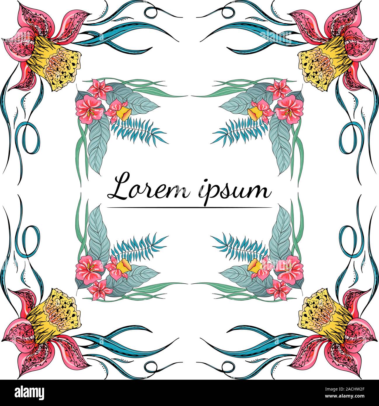 Ensemble de Tropical orchid dessinés à la main, images floral. Illustration du feuillage de la jungle. Jeu Floral. Dessin à la main. Vector collection, isolé. Nous printemps naturel Illustration de Vecteur