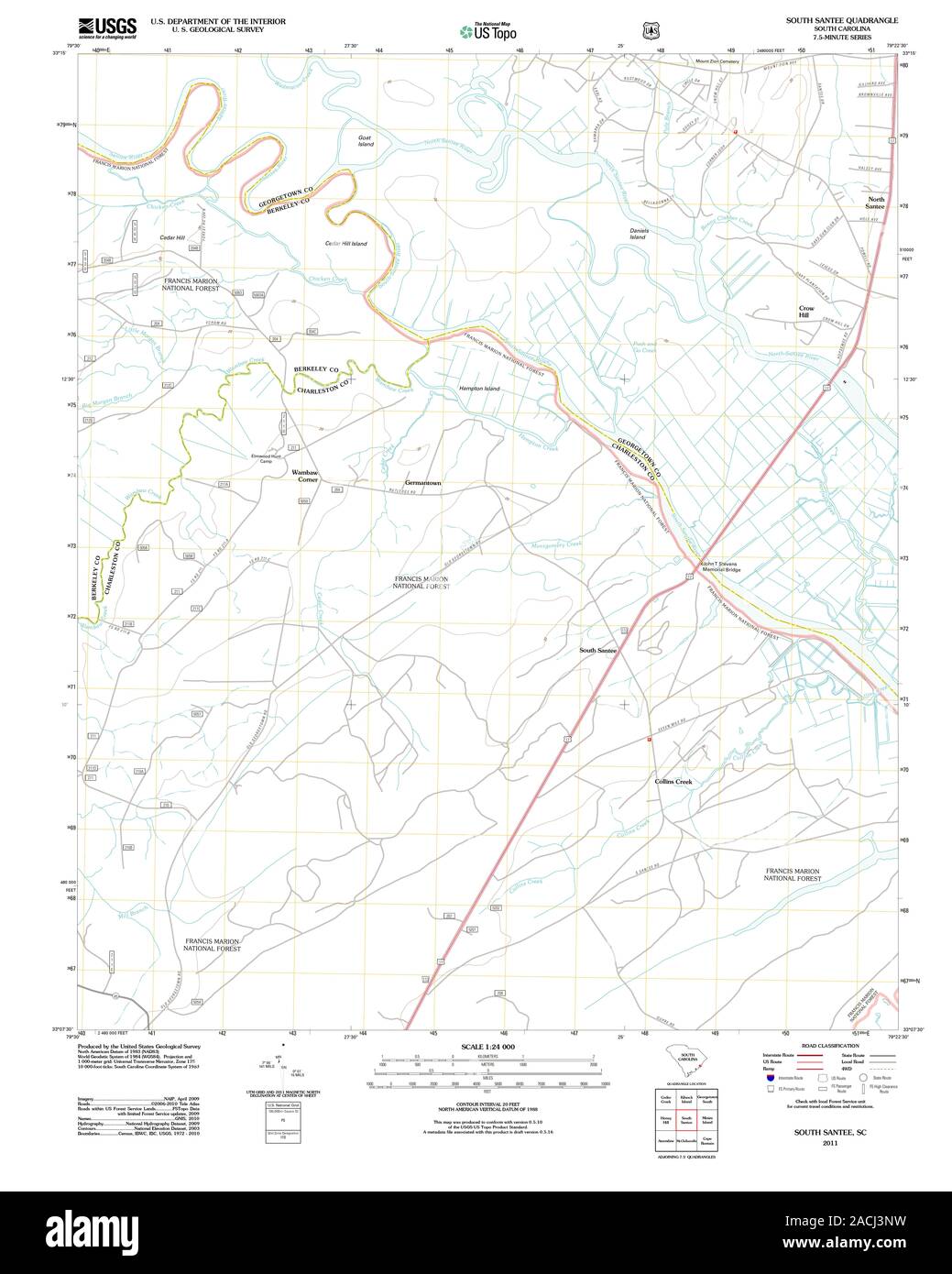 Carte TOPO USGS Caroline du Sud SC South Santee 20110816 Restauration TM Banque D'Images