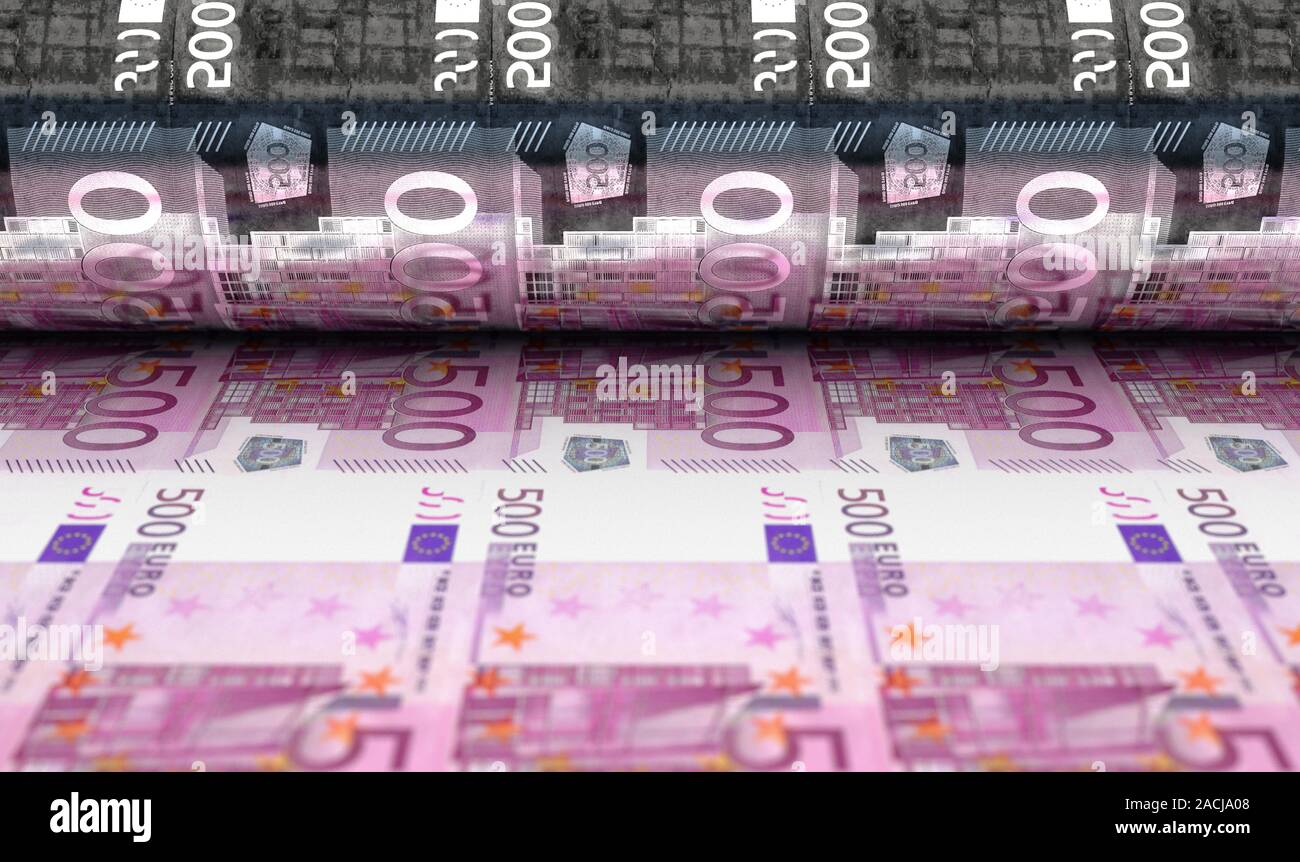 Un concept image montrant une feuille de notes euro européenne passe par un rouleau dans sa phase finale d'un tirage - 3D render Banque D'Images