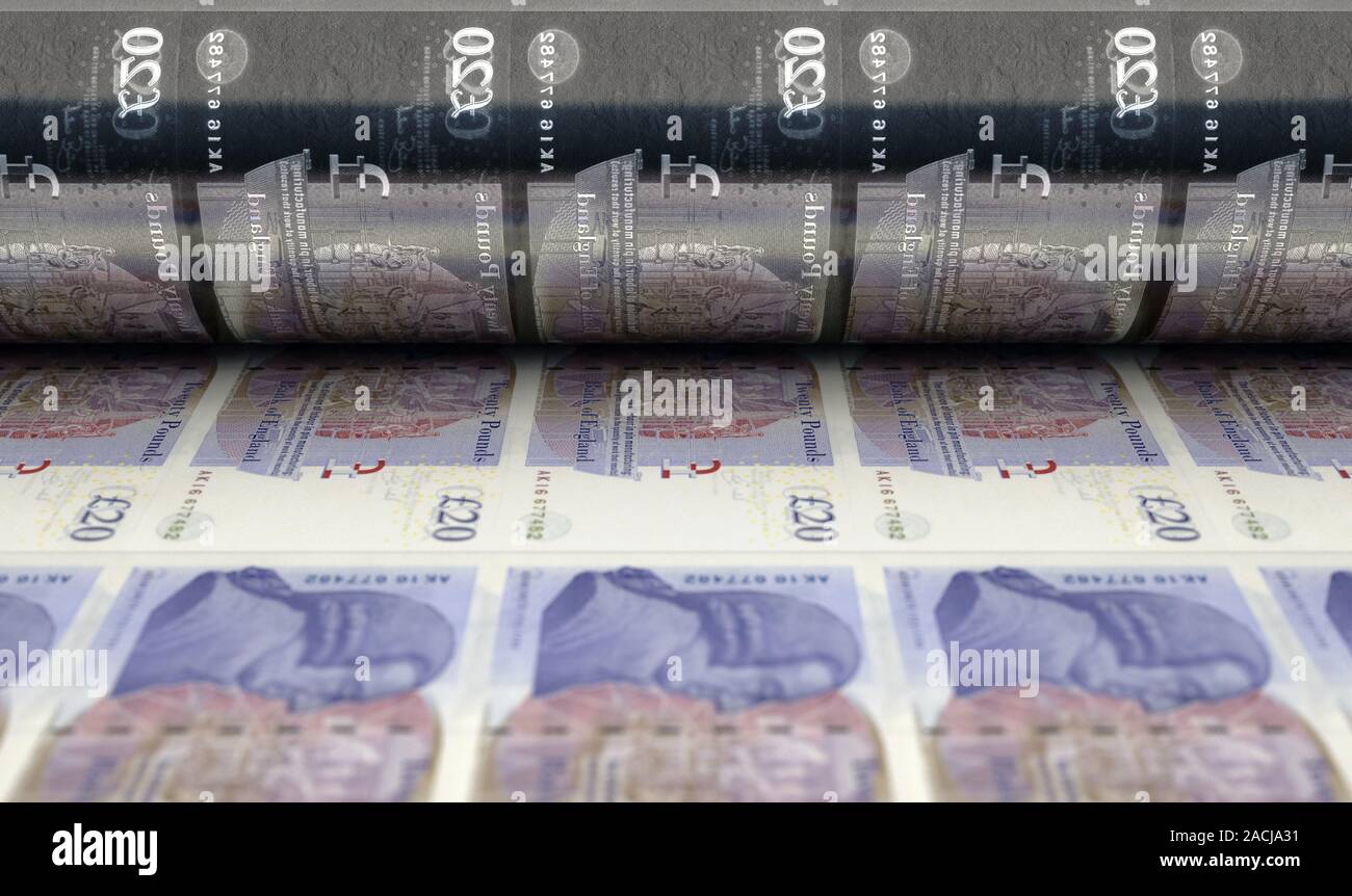 Un concept image montrant une feuille de British pound note passant par un rouleau dans sa phase finale d'un tirage - 3D render Banque D'Images