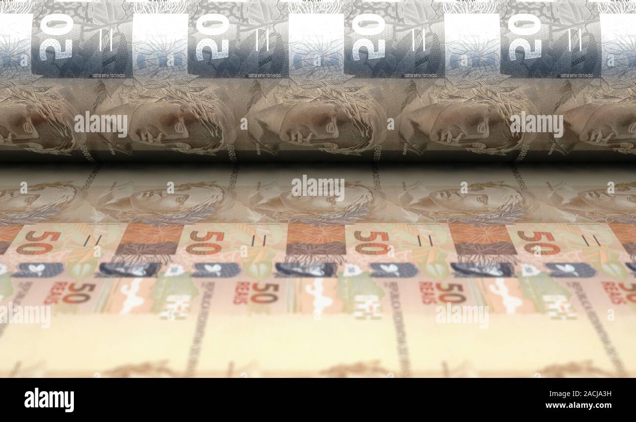 Un concept image montrant une feuille de notes du brazilain passant par un rouleau dans sa phase finale d'un tirage - 3D render Banque D'Images