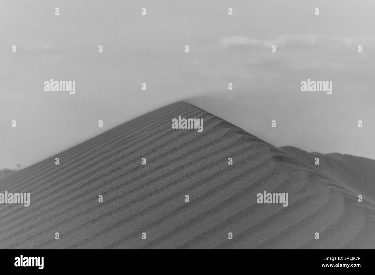 Le noir et blanc Coucher du soleil dans le désert à travers une crête à motifs et texturés avec chasse-sable faisant l'évolution spectaculaire des formes. Emirats Arabes Unis. Banque D'Images