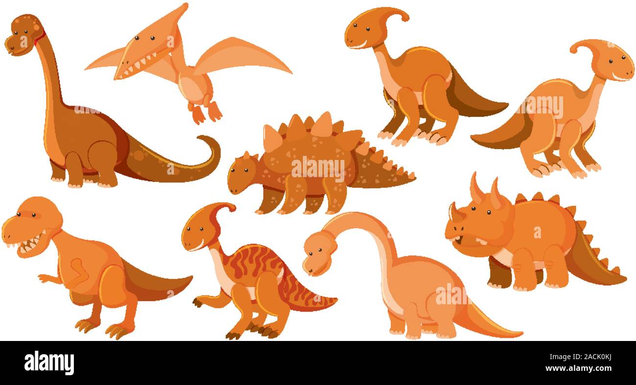 Grand ensemble de différents types de dinosaures en orange illustration Illustration de Vecteur