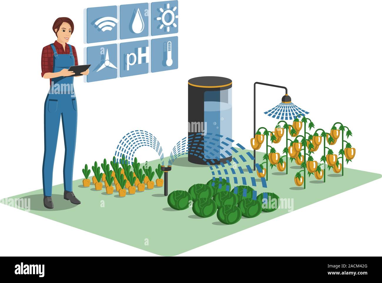 Woman farmer with digital tablet in greenhouse. Smart ferme avec le contrôle sans fil. Vector illustration. Illustration de Vecteur
