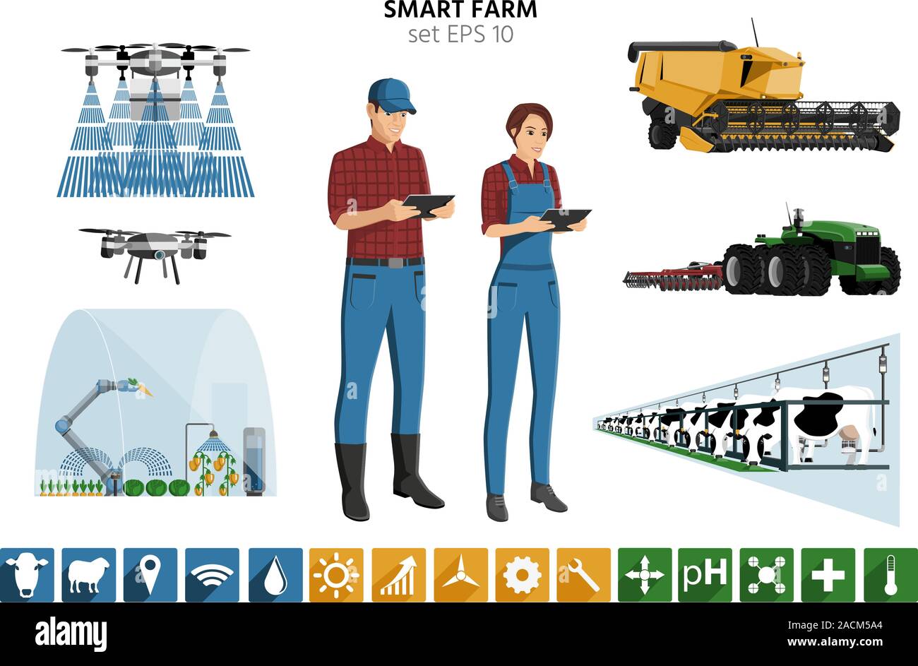 L'agriculture intelligente. Les agriculteurs modernes avec tablette numérique autonome, moissonneuse, tracteur, drone, avec serre, robot de traite automatisée. Illustration de Vecteur
