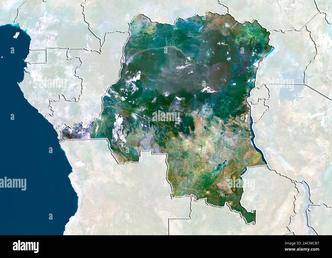 République démocratique du Congo, image satellite. Le Nord est en haut. Couleur naturelle Image satellite montrant la République démocratique du Congo (RDC), Banque D'Images