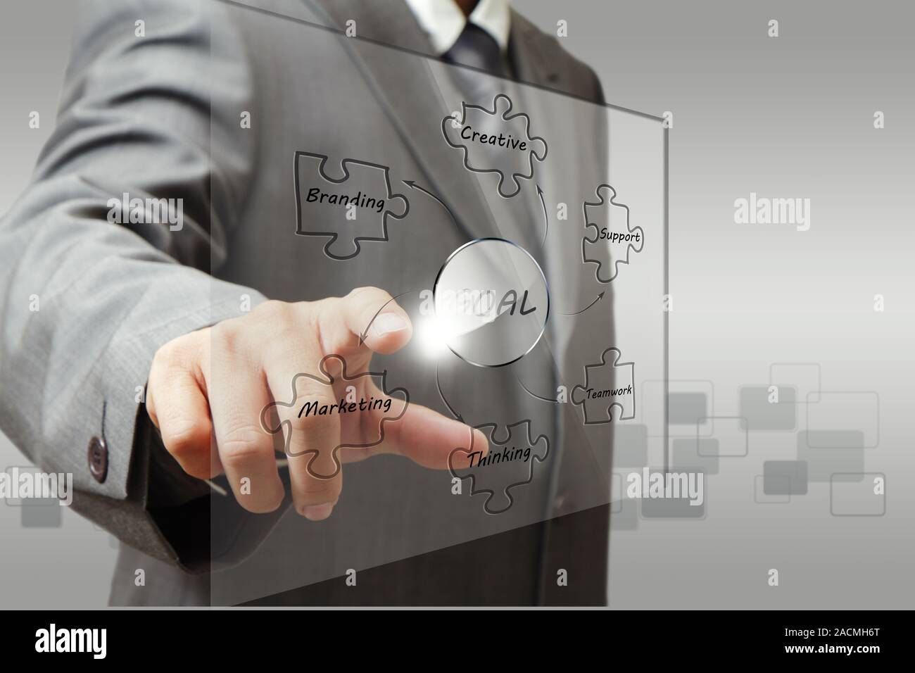 L'homme d'affaires point à main objectif métier schéma électrique Banque D'Images