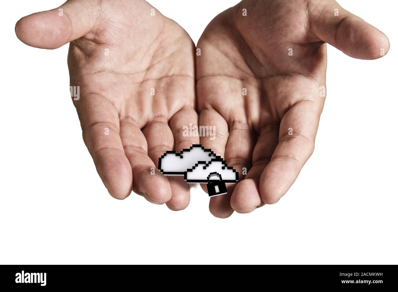 Main ouverte détient pixel cloud network sign Banque D'Images