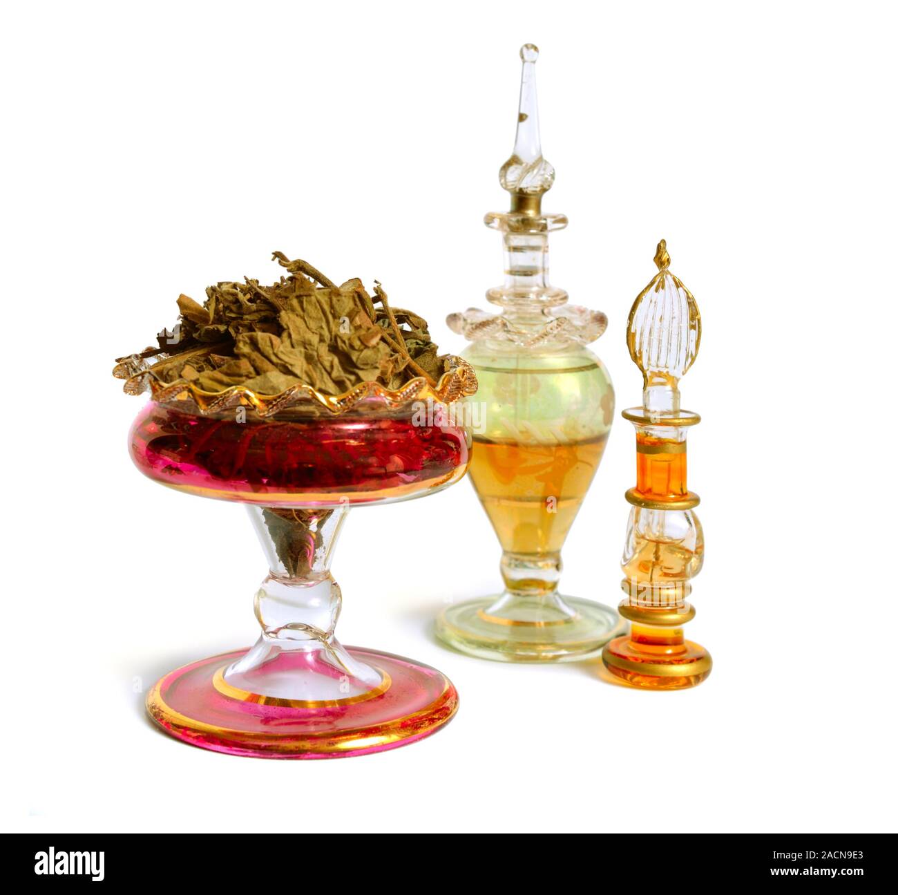 Pachouli avec des plantes séchées vintage flacon de parfum. Isolé sur fond blanc Banque D'Images