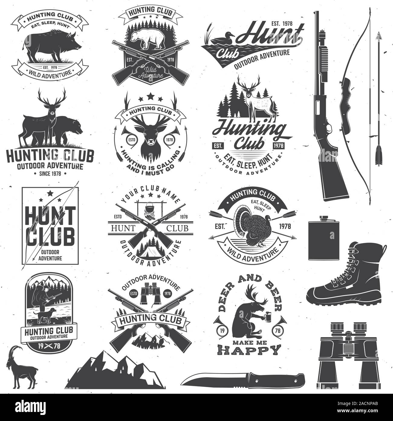 Ensemble de badge club de chasse. Notion de vecteur pour chemise, étiquette, impression, stamp. Typographie vintage design avec fusil de chasse, sanglier, Hunter, l'ours, le cerf, les montagnes et la forêt. Emblème de hunt club aventure de plein air Illustration de Vecteur Ensemble de badge club de chasse. Notion de vecteur pour chemise, étiquette, impression, stamp. Typographie vintage design avec fusil de chasse, sanglier, Hunter, l'ours, le cerf, les montagnes et la forêt. Emblème de hunt club aventure de plein air Illustration de Vecteur