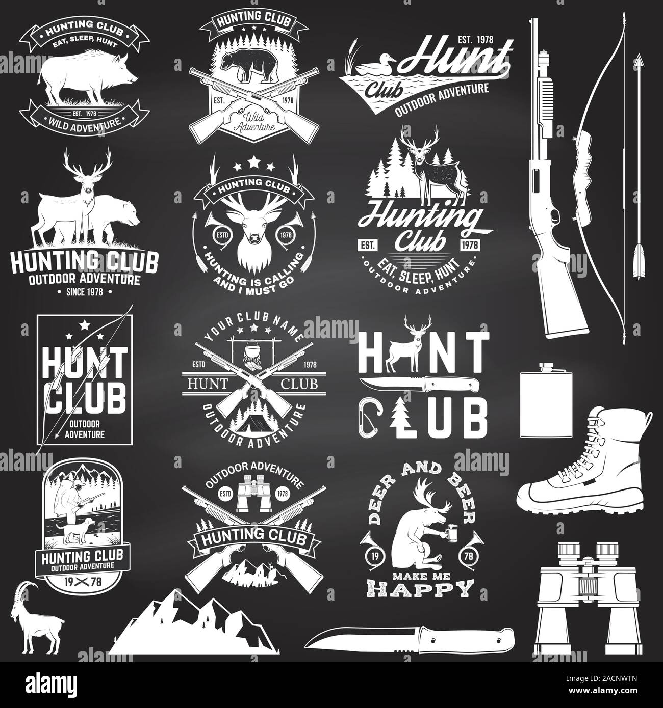 Jeu de club de chasse d'un insigne au tableau. Notion de vecteur pour chemise, étiquette, impression, stamp. Typographie vintage design avec fusil de chasse, sanglier, Hunter, l'ours, le cerf, les montagnes et la forêt. Illustration de Vecteur Jeu de club de chasse d'un insigne au tableau. Notion de vecteur pour chemise, étiquette, impression, stamp. Typographie vintage design avec fusil de chasse, sanglier, Hunter, l'ours, le cerf, les montagnes et la forêt. Illustration de Vecteur