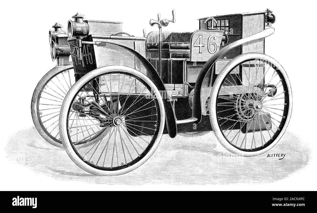 Première voiture à utiliser les pneus Michelin. 19ème siècle Illustration  de la première voiture à l'aide de pneus Michelin. Les frères Michelin,  Edouard et André, avait une fa en caoutchouc Photo Stock -