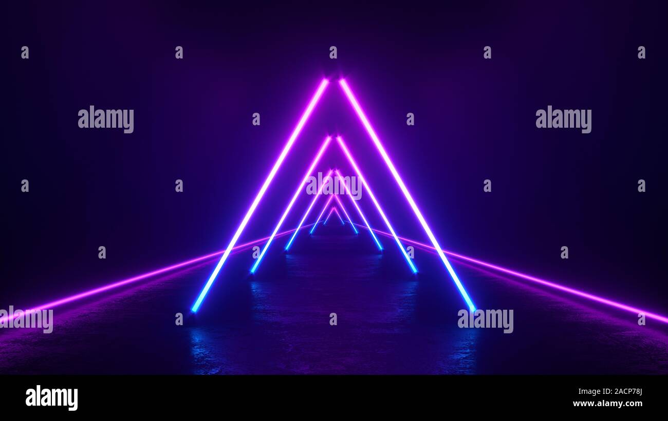 Néon pourpre brillant lignes triangle sur fond sombre avec des réflexions sur le sol, éclairage, abstract vintage rétro arrière, ultraviolet, spectre vib Banque D'Images