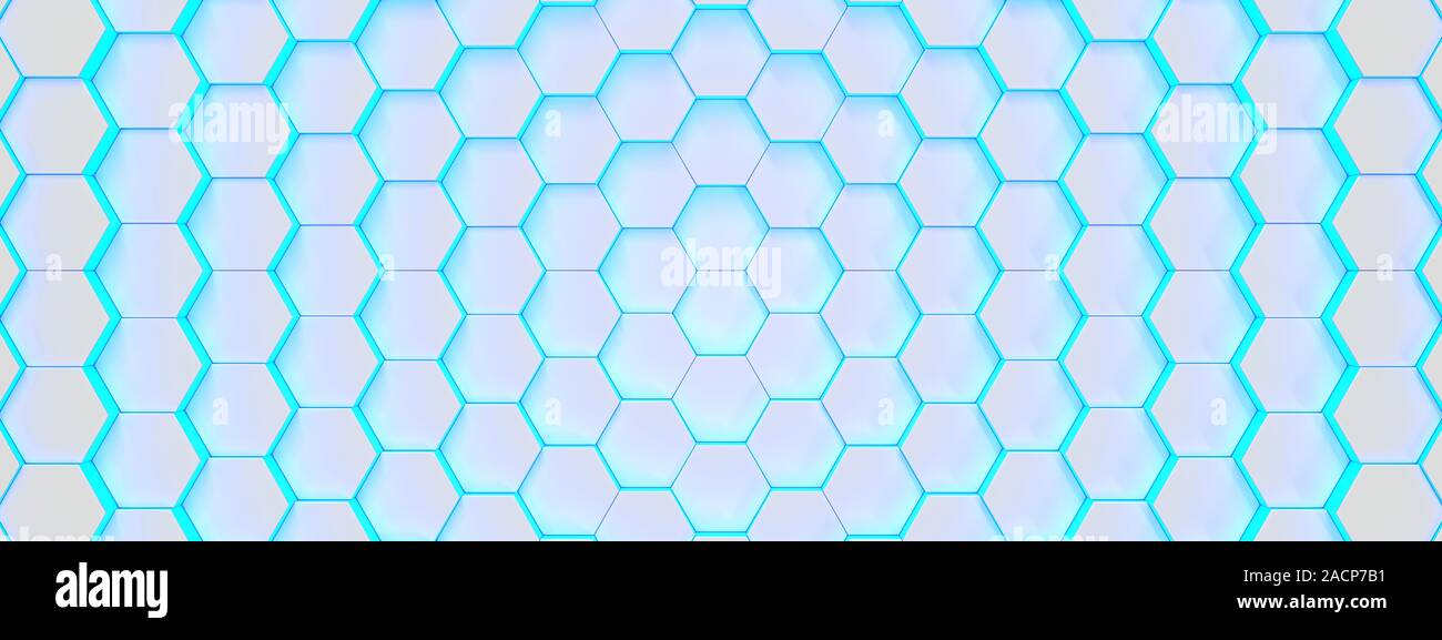 Hexagonal moderne des antécédents médicaux d'un bleu éclatant texture pattern. Abeilles à différents niveaux. Le rendu 3d illustration. Bannière futuristes. Banque D'Images