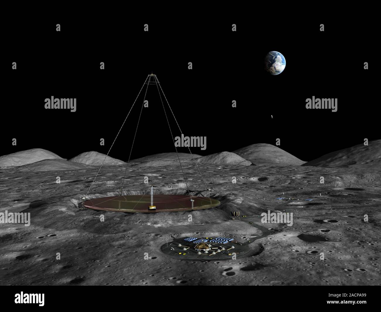 Télescope à miroir liquide lunaire. Artwork d'un gigantesque télescope à miroir  liquide (centre gauche) sur la surface de la Lune. La terre est en haut à  droite. Ce Photo Stock - Alamy