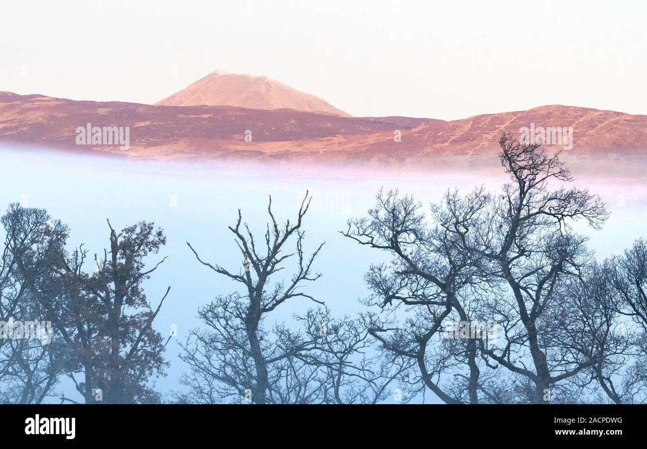 Ben Lomond lever du soleil d'hiver brumeux, Loch Lomond et les Trossachs National Park, Ecosse, Royaume-Uni Banque D'Images