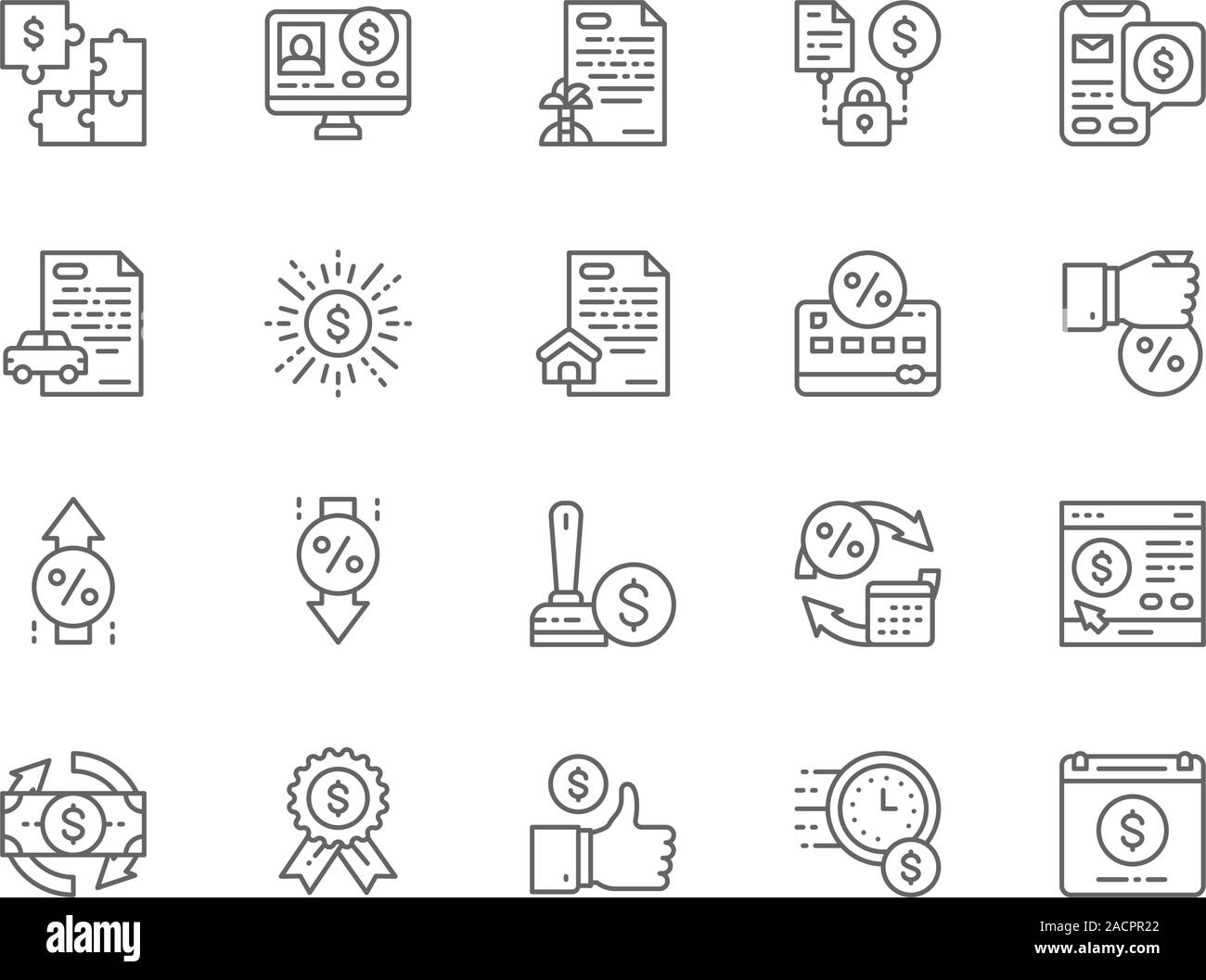 Jeu d'icônes de ligne de prêt. L'investissement, prêt automobile, prêt hypothécaire,-et plus encore. Illustration de Vecteur