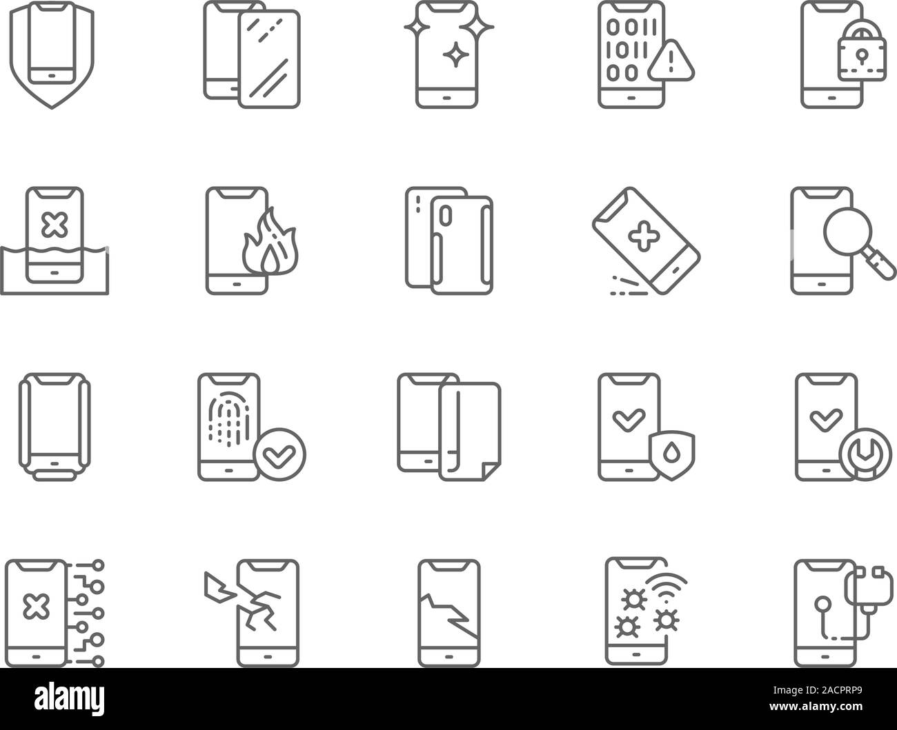 Ensemble de réparation de téléphone Ligne d'icônes. Le pourriel mobile, verre de protection, virus logiciel Illustration de Vecteur