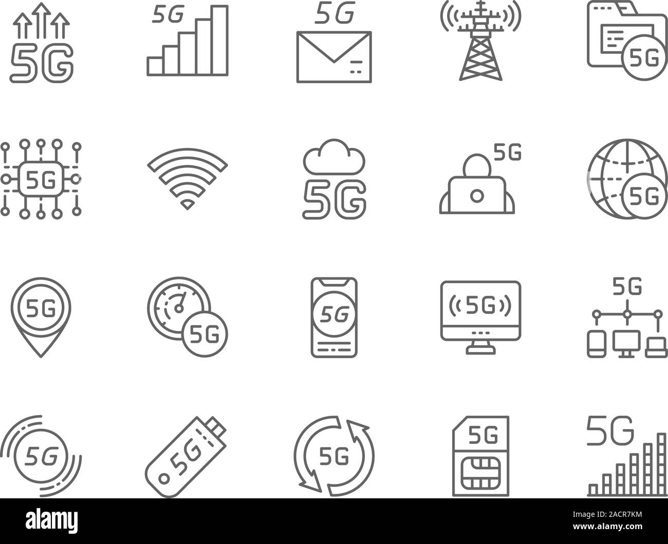 Ensemble d'icônes de ligne Internet 5G. Base de données, système de nuages, puce sans fil et plus encore. Illustration de Vecteur