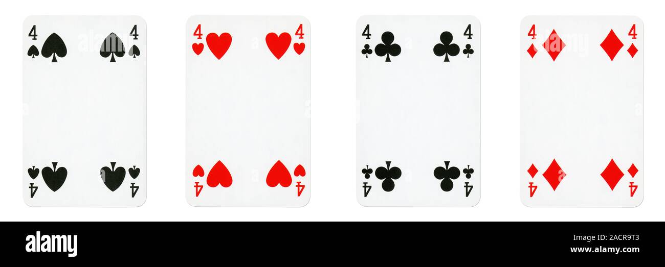 Quatre cartes à jouer Vintage isolé sur fond blanc, montrant quatre de chaque couleur - Coeurs, clubs, bêches et diamants. Banque D'Images